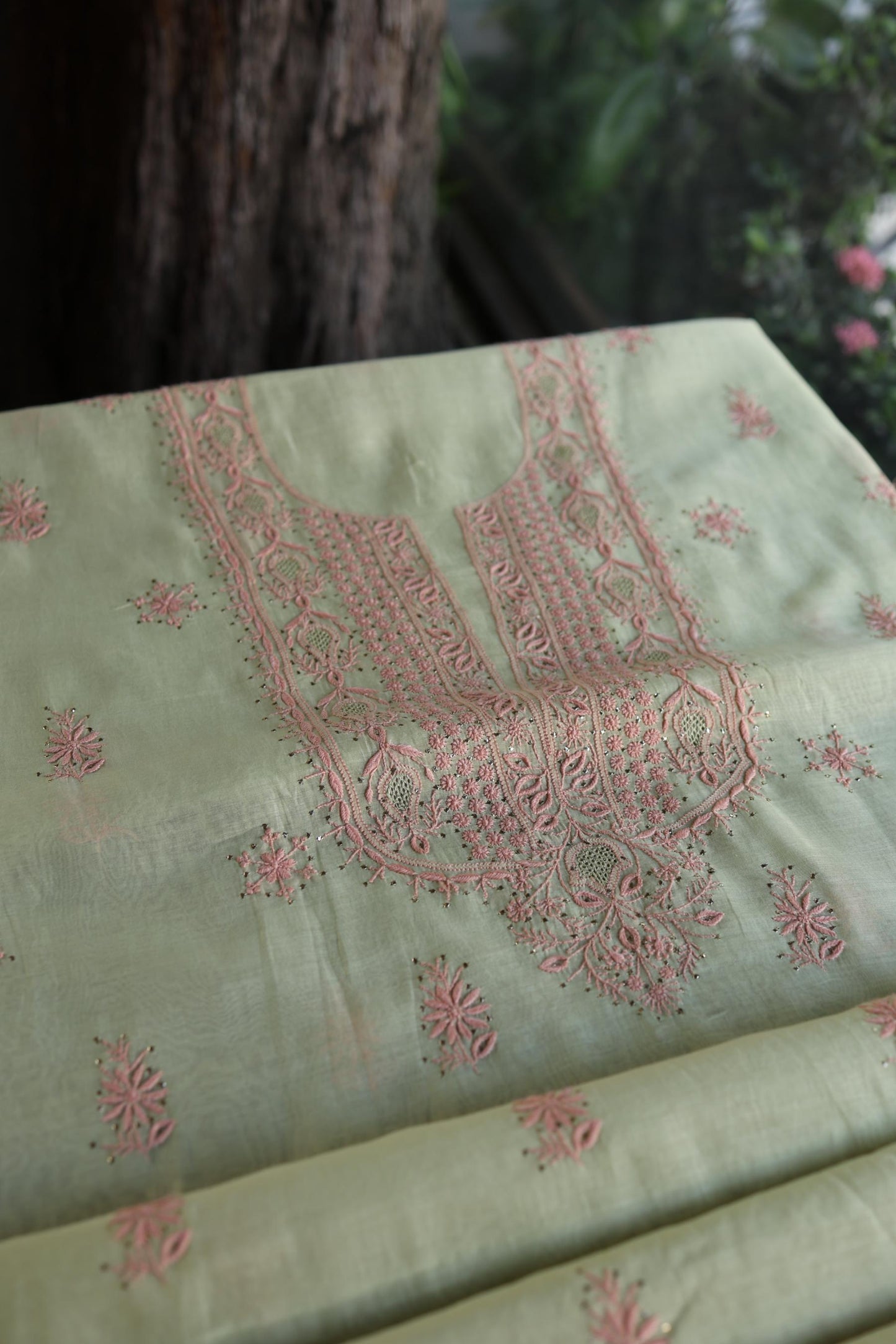 Olive Green & Peach Shade Mal Cotton Chikankari Unstitched Kurta Dupatta Fabric With Kamdani