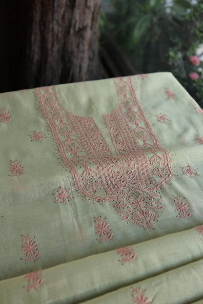 Olive Green & Peach Shade Mal Cotton Chikankari Unstitched Kurta Dupatta Fabric With Kamdani