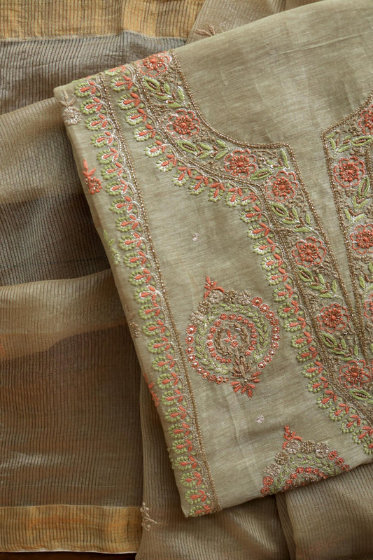 Olive Grey Rasm Silk Chikankari With Ari Work Unstitched Kurta Dupatta Set