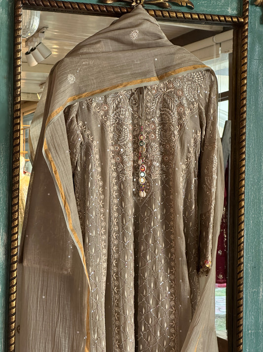 Olive Grey Shade Malmal Pearl Work Chikankari A Line Kalidar Kurta With Dupatta