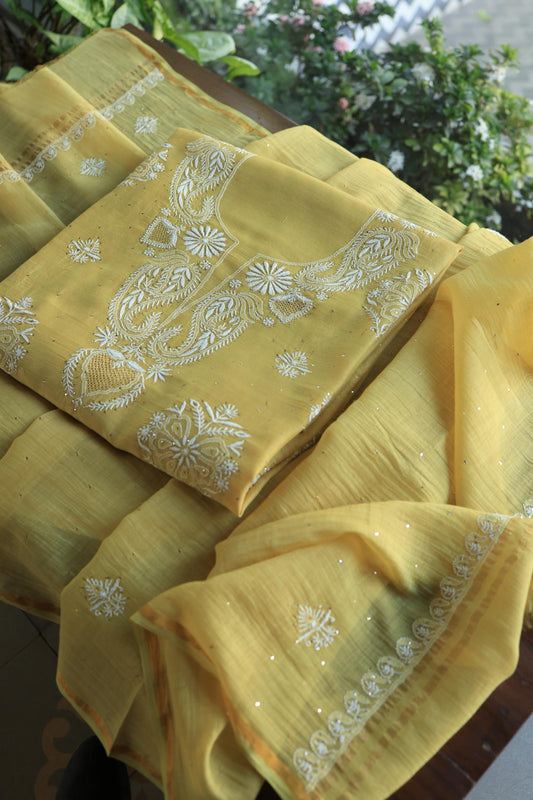 Olive Shade Mal Cotton Chikankari Unstitched Kurta Dupatta Fabrics With Kamdani