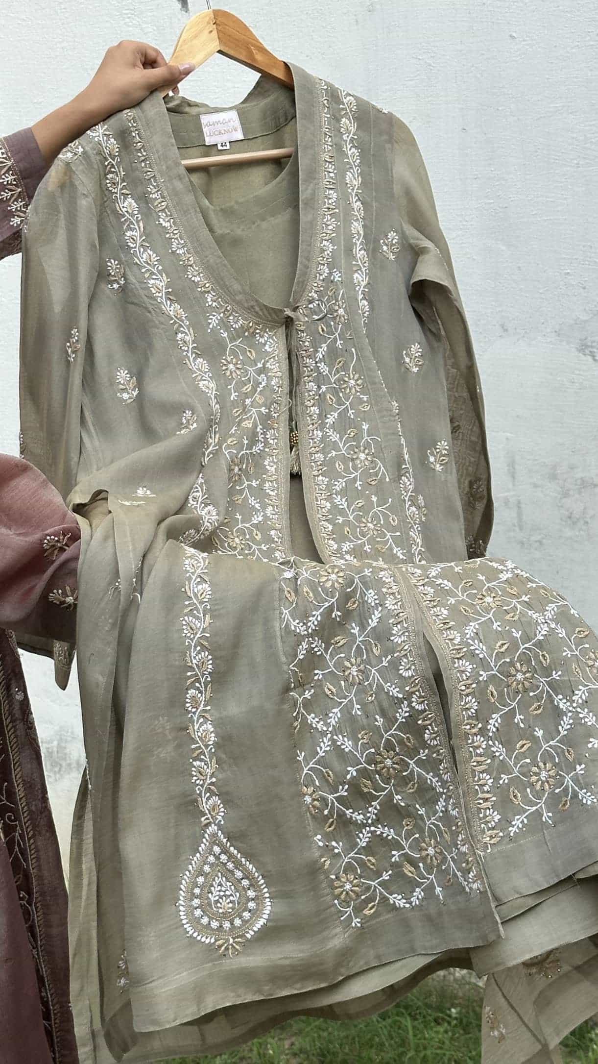 Olive Shade SICO Mal Chikankari Kurta With Mukaish Kamdani – Ready to Wear