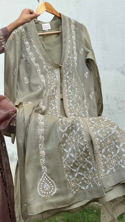 Olive Shade SICO Mal Chikankari Kurta With Mukaish Kamdani – Ready to Wear