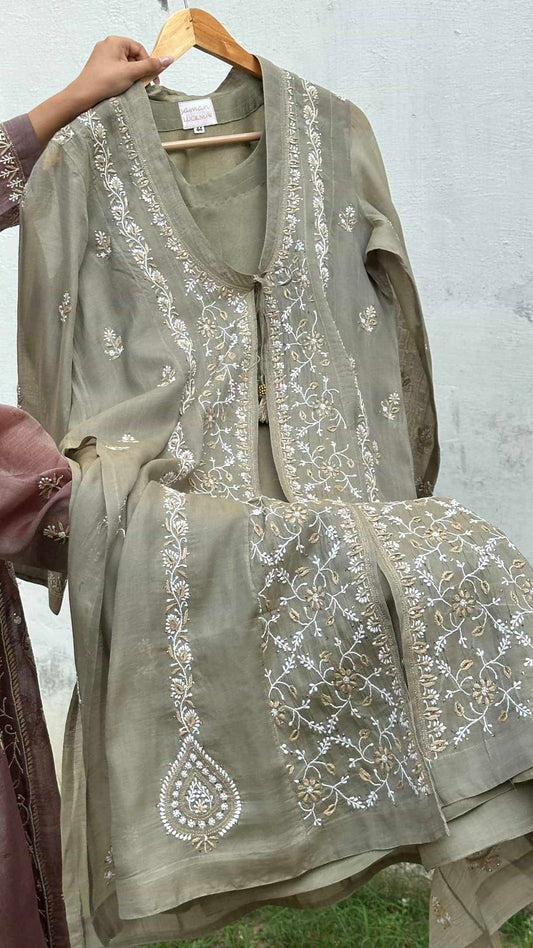 Olive Shade SICO Mal Chikankari Kurta With Mukaish Kamdani – Ready to Wear