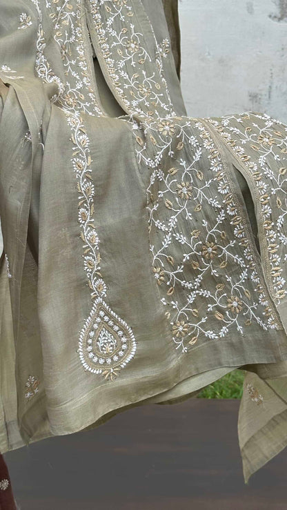 Olive Shade SICO Mal Chikankari Kurta With Mukaish Kamdani – Ready to Wear