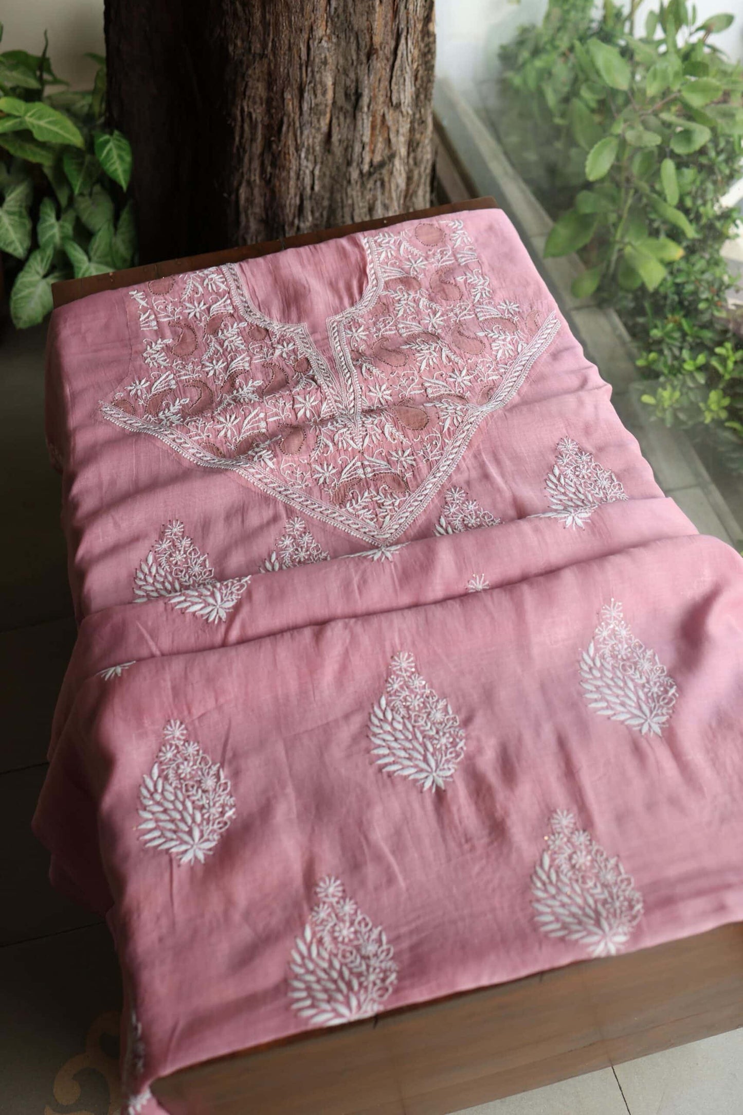 Onion Pink Daraz Chanderi Chikankari Kurta Fabrics