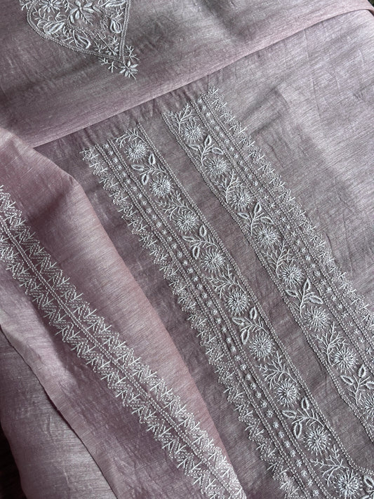 Onion Pink Linen Chikankari Unstitched Men's Kurtas Fabric