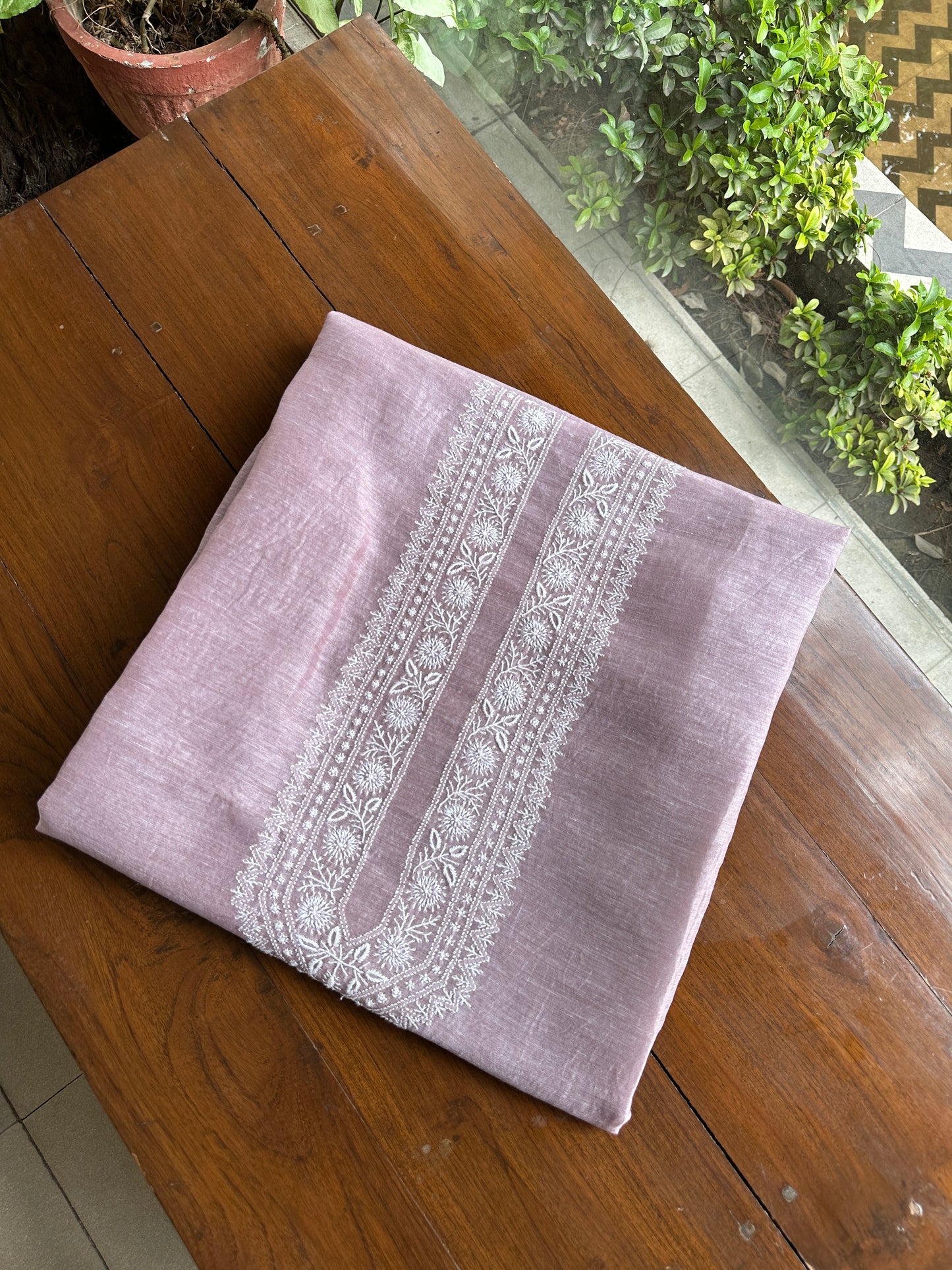 Onion Pink Linen Chikankari Unstitched Men's Kurtas Fabric