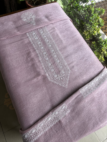 Onion Pink Linen Chikankari Unstitched Men's Kurtas Fabric