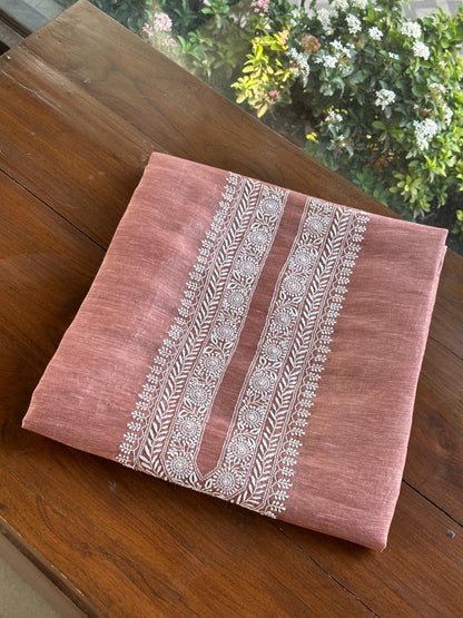 Onion Pink Linen Chikankari Unstitched Men's Kurtas Fabric