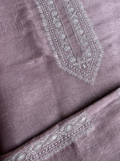 Onion Pink Linen Chikankari Unstitched Men's Kurtas Fabric