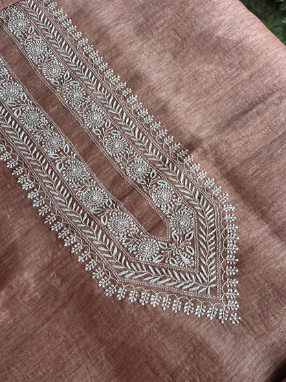 Onion Pink Linen Chikankari Unstitched Men's Kurtas Fabric