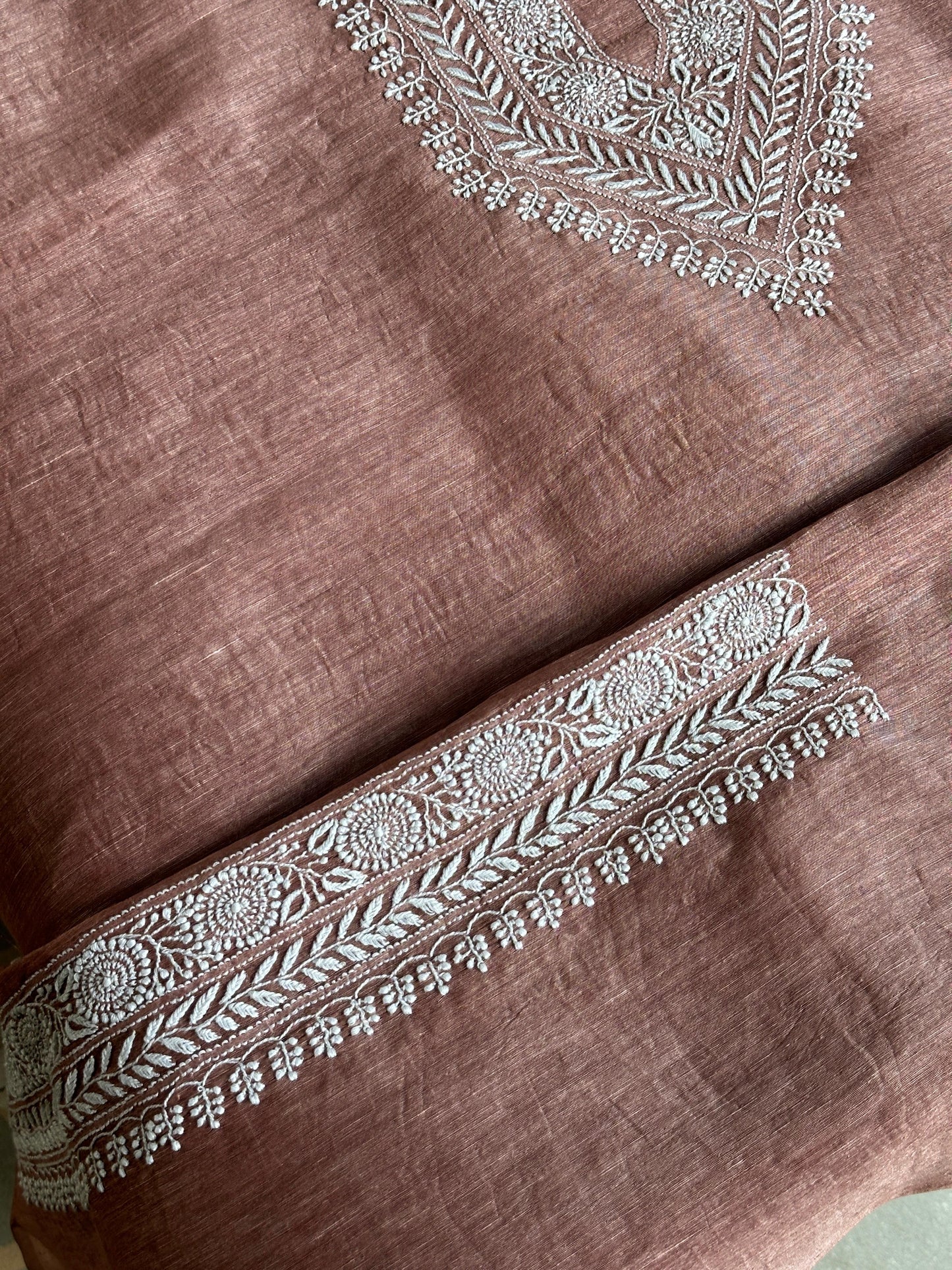 Onion Pink Linen Chikankari Unstitched Men's Kurtas Fabric