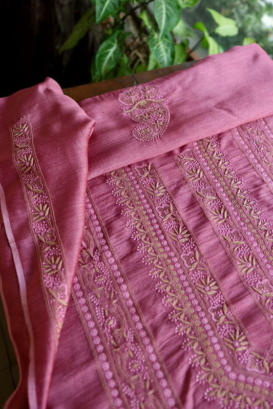 Onion Pink Shade Moonga Silk Chikankari Men’s Kurta Fabric