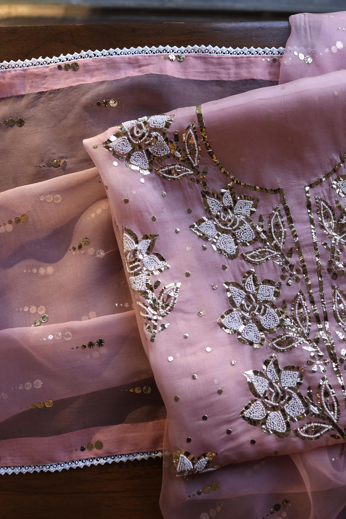 Onion Pink Shade Noor Organza Silk Mukaish Pearl Chikankari Unstitched Fabric