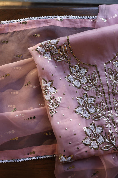 Onion Pink Shade Noor Organza Silk Mukaish Pearl Chikankari Unstitched Fabric
