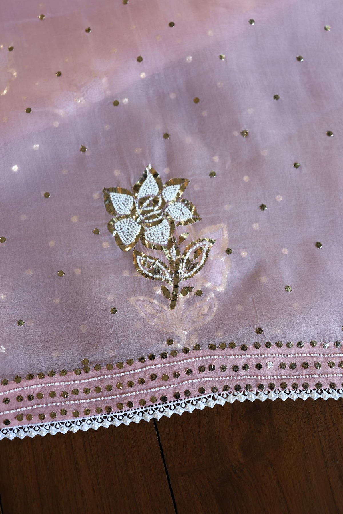 Onion Pink Shade Noor Organza Silk Mukaish Pearl Chikankari Unstitched Fabric