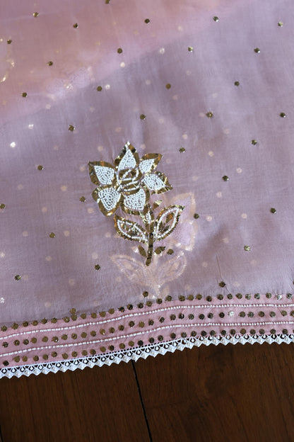 Onion Pink Shade Noor Organza Silk Mukaish Pearl Chikankari Unstitched Fabric