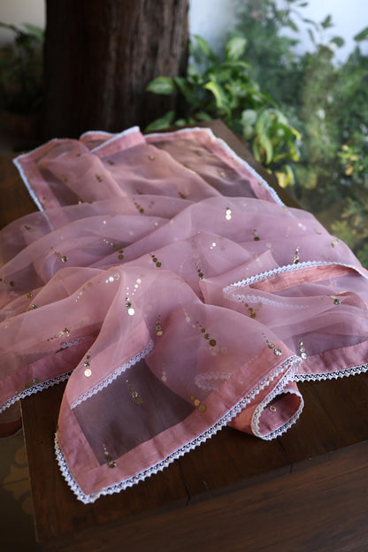 Onion Pink Shade Noor Organza Silk Mukaish Pearl Chikankari Unstitched Fabric