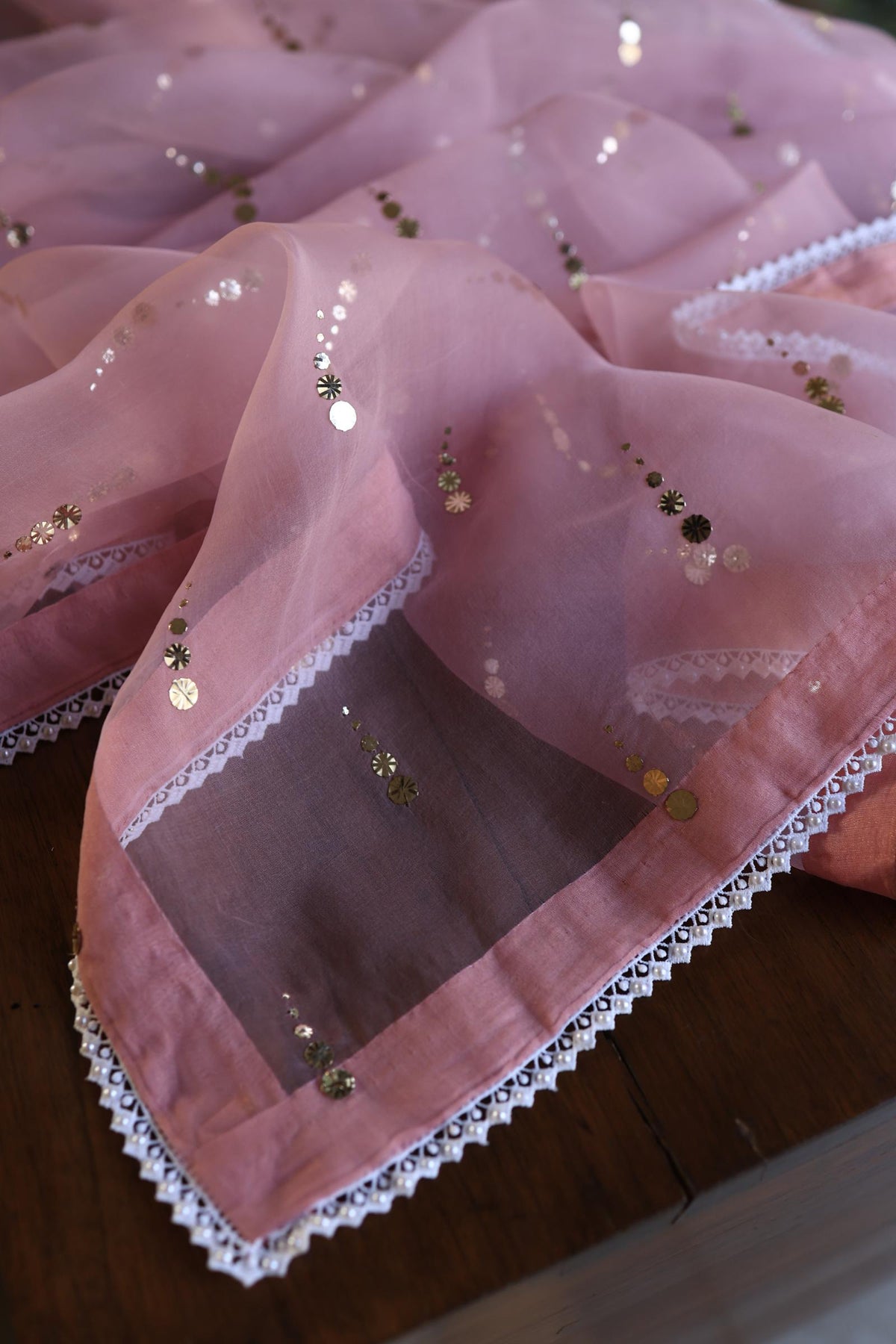 Onion Pink Shade Noor Organza Silk Mukaish Pearl Chikankari Unstitched Fabric