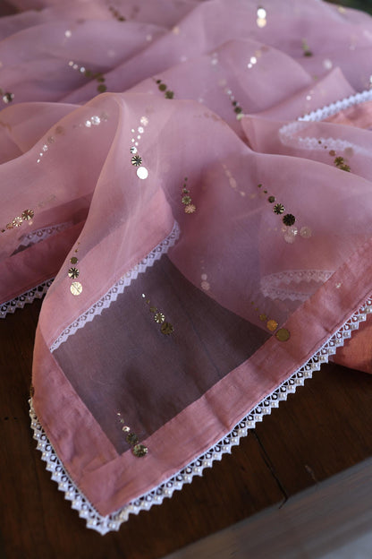 Onion Pink Shade Noor Organza Silk Mukaish Pearl Chikankari Unstitched Fabric
