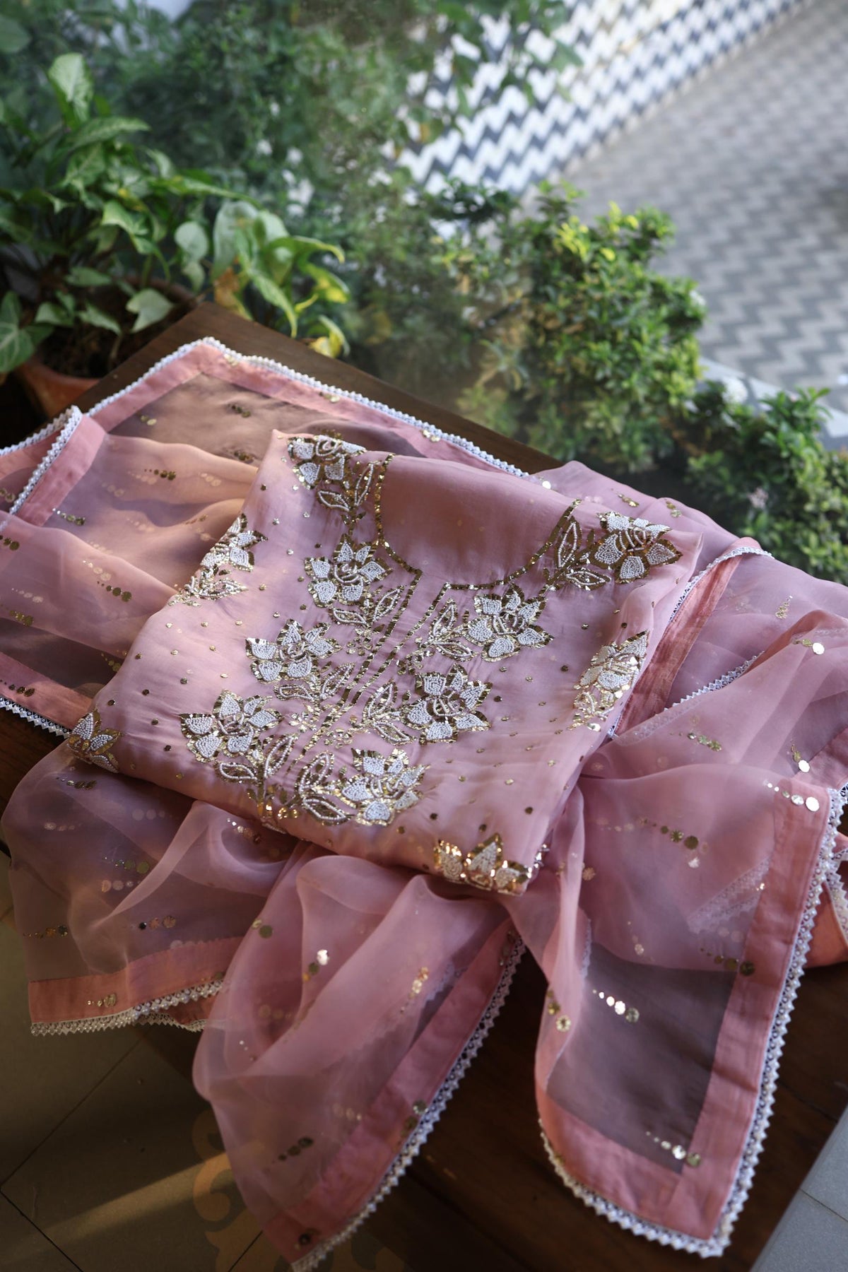 Onion Pink Shade Noor Organza Silk Mukaish Pearl Chikankari Unstitched Fabric