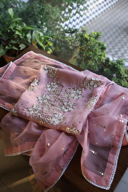 Onion Pink Shade Noor Organza Silk Mukaish Pearl Chikankari Unstitched Fabric