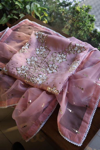 Onion Pink Shade Noor Organza Silk Mukaish Pearl Chikankari Unstitched Fabric