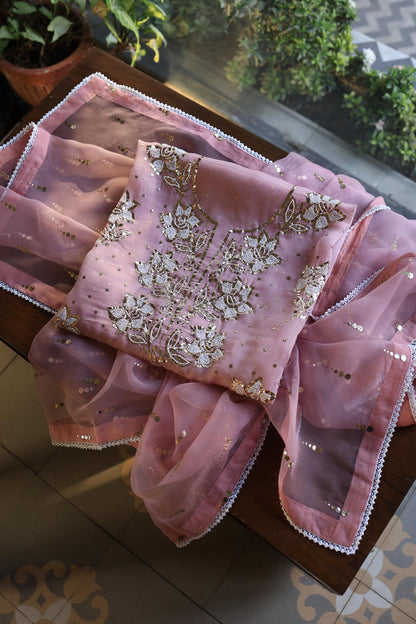 Onion Pink Shade Noor Organza Silk Mukaish Pearl Chikankari Unstitched Fabric