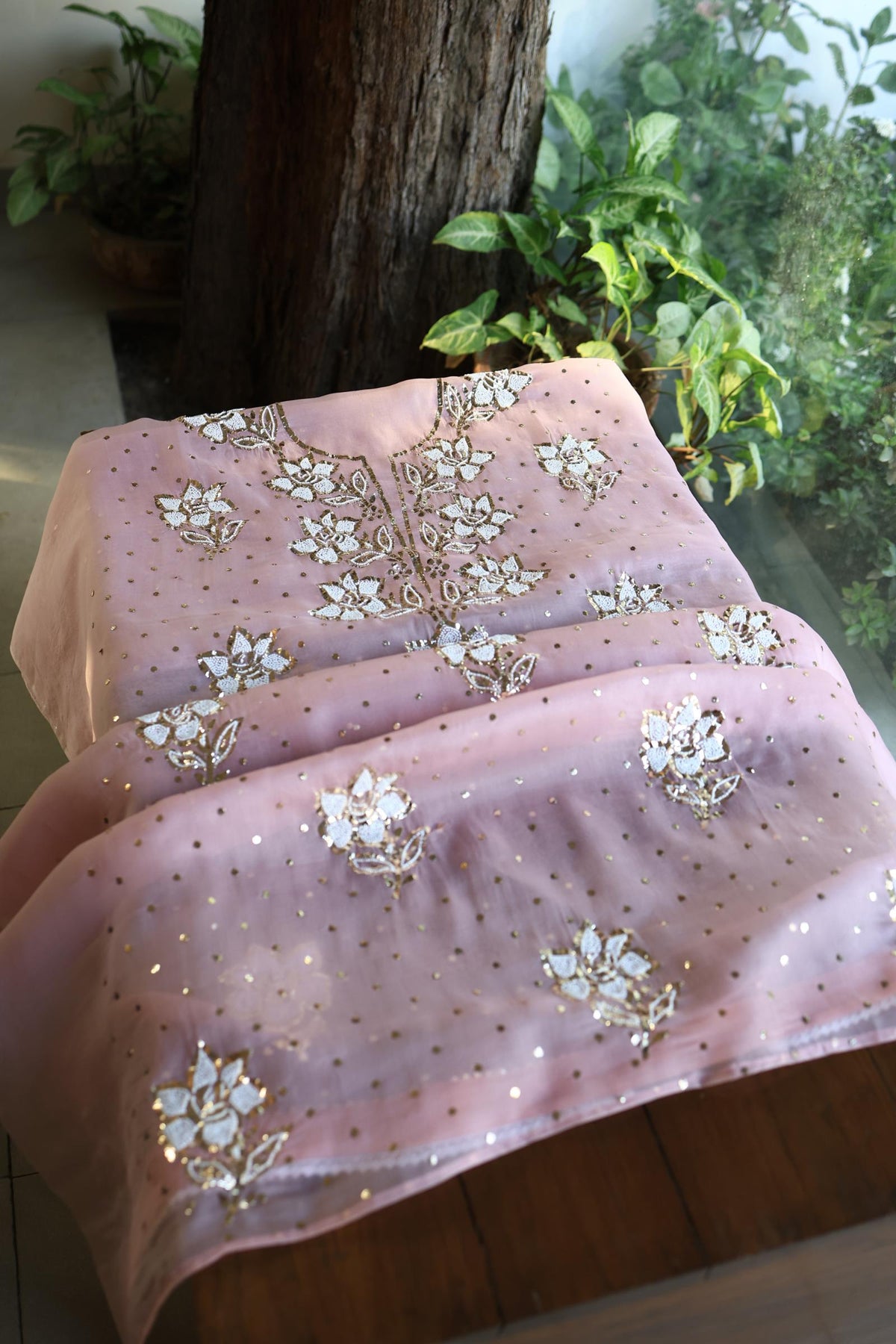 Onion Pink Shade Noor Organza Silk Mukaish Pearl Chikankari Unstitched Fabric