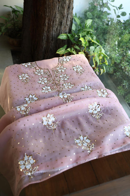 Onion Pink Shade Noor Organza Silk Mukaish Pearl Chikankari Unstitched Fabric