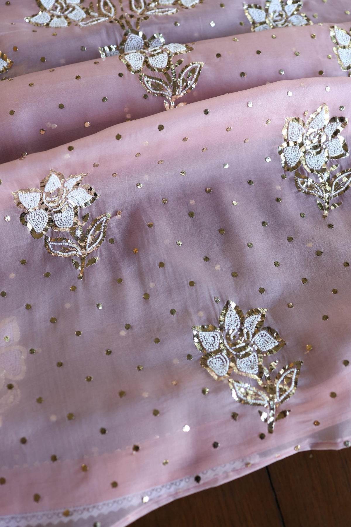 Onion Pink Shade Noor Organza Silk Mukaish Pearl Chikankari Unstitched Fabric
