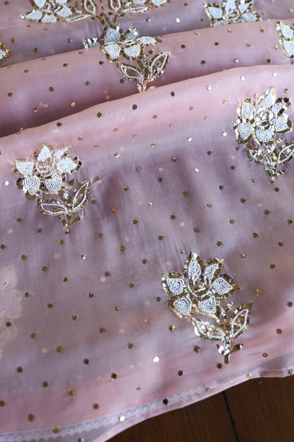 Onion Pink Shade Noor Organza Silk Mukaish Pearl Chikankari Unstitched Fabric