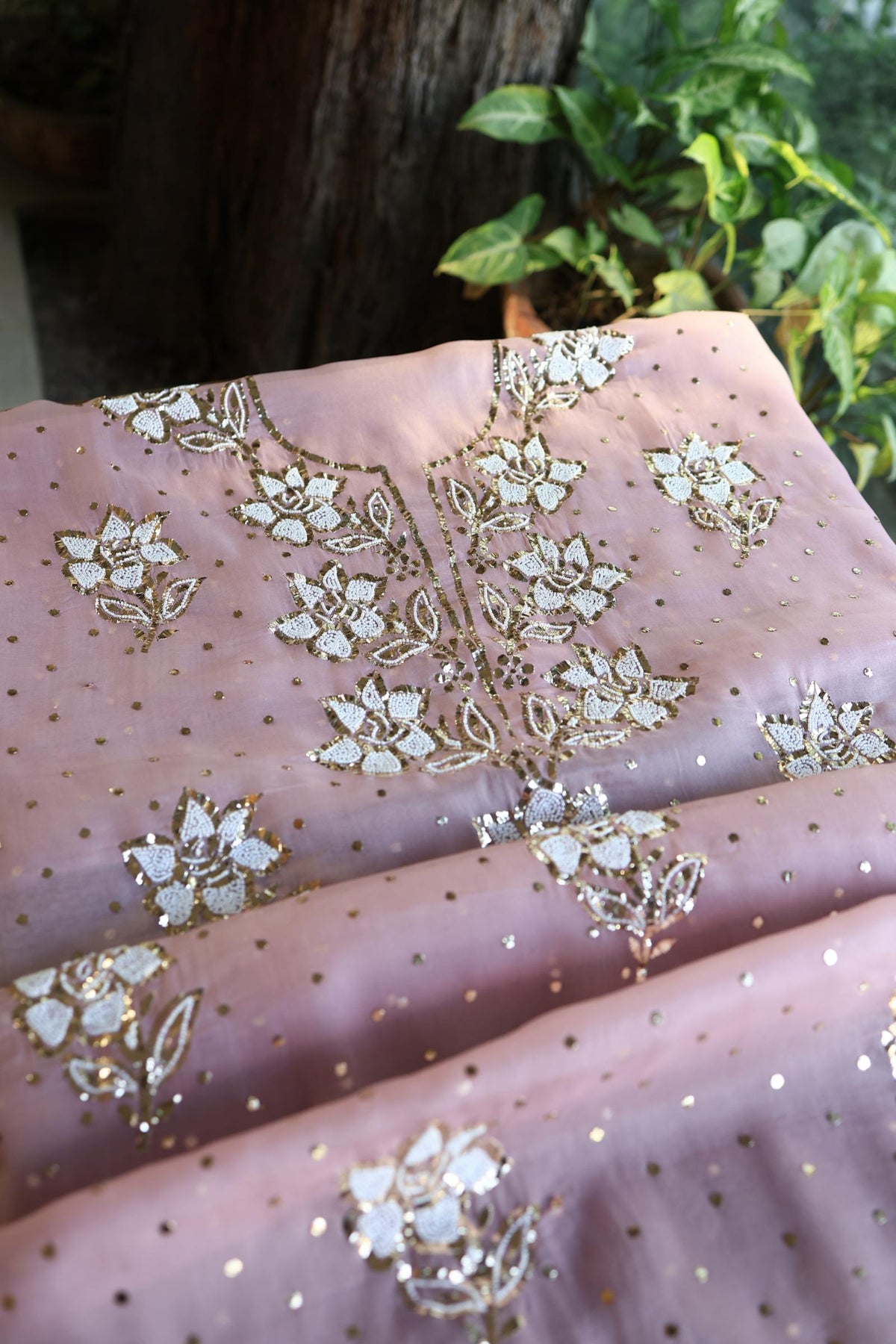Onion Pink Shade Noor Organza Silk Mukaish Pearl Chikankari Unstitched Fabric