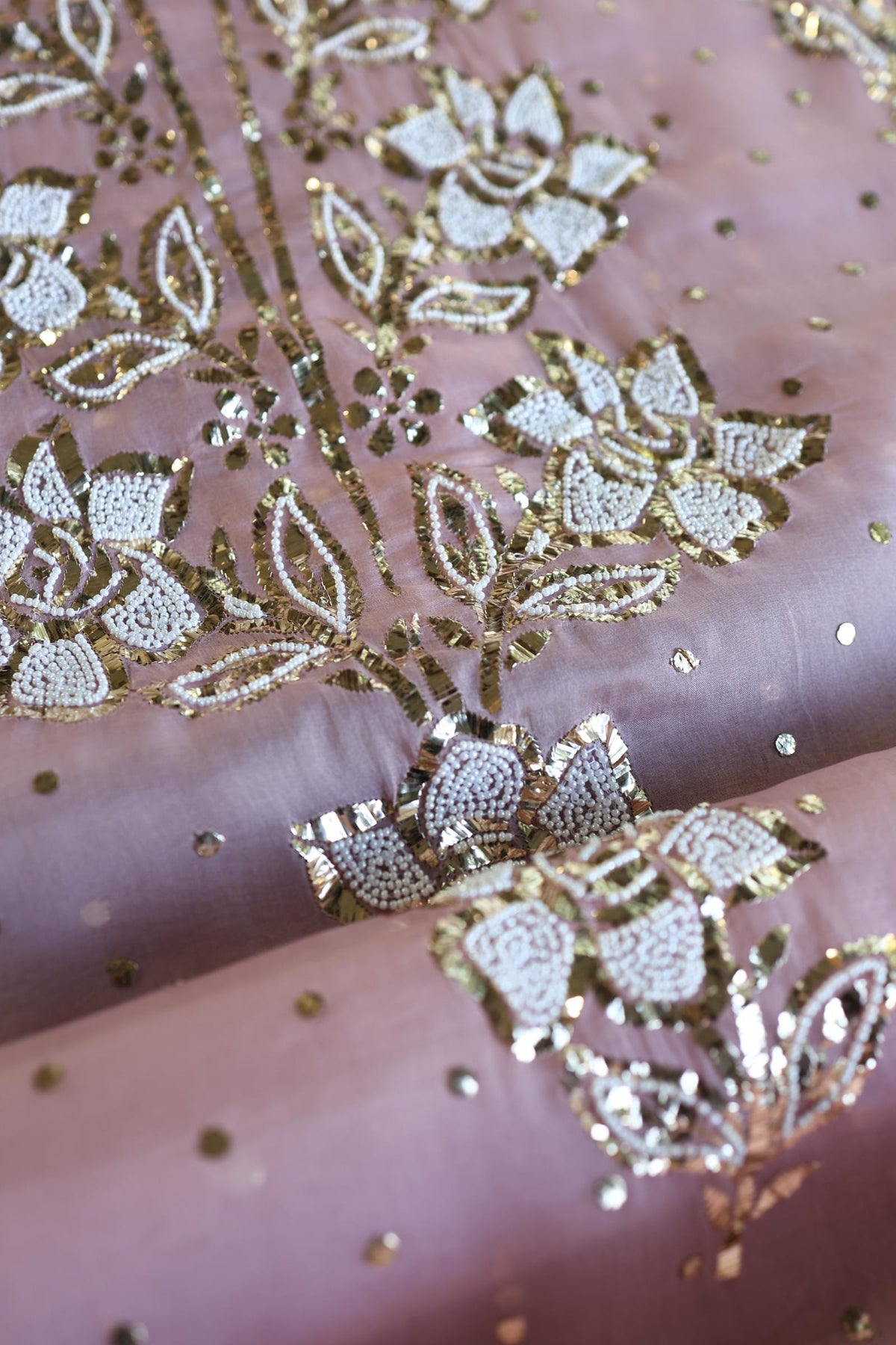 Onion Pink Shade Noor Organza Silk Mukaish Pearl Chikankari Unstitched Fabric