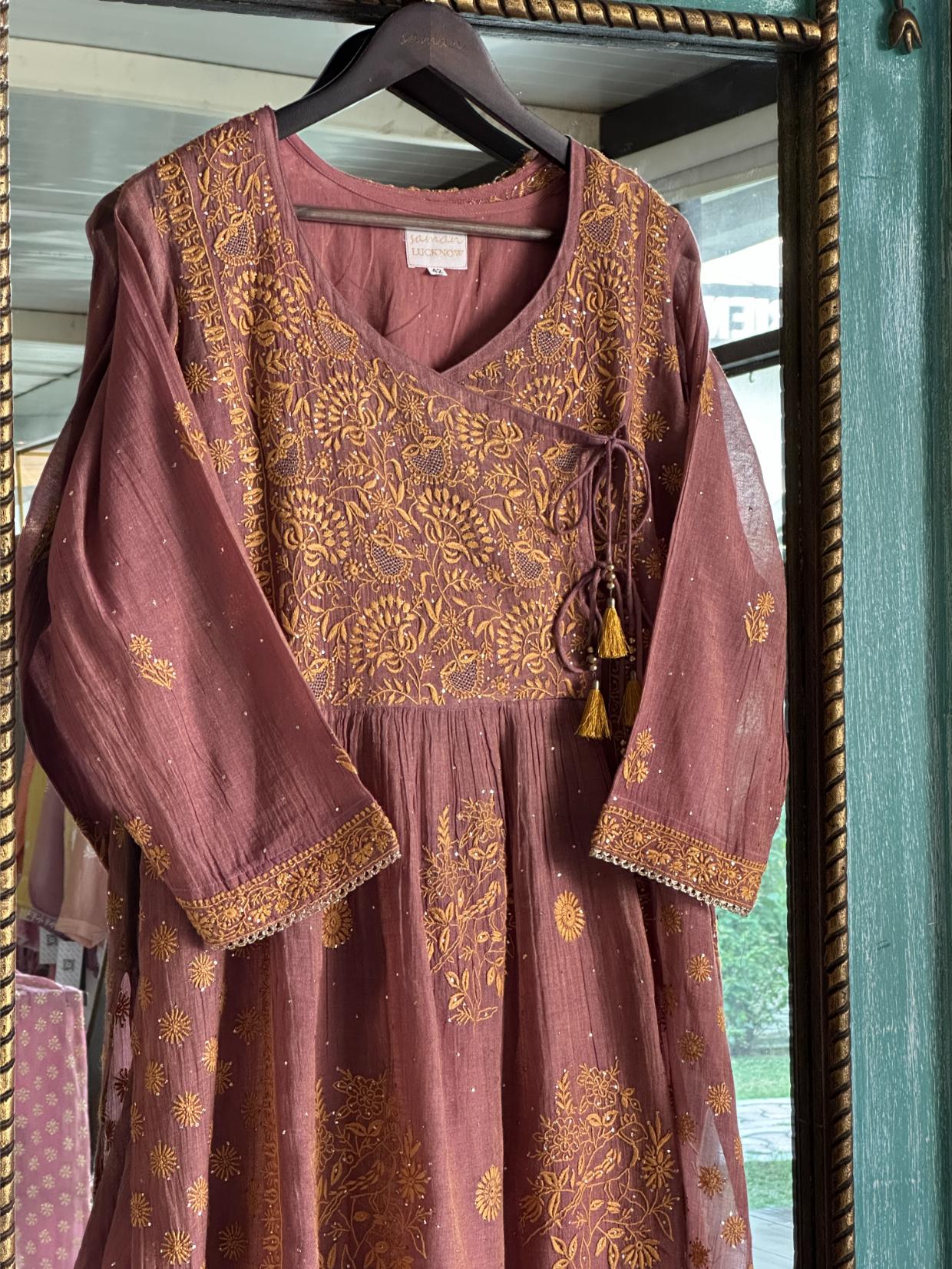 Onion Pink Tissue Silk Chikankari Angarkha