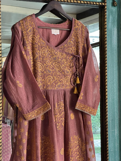 Onion Pink Tissue Silk Chikankari Angarkha