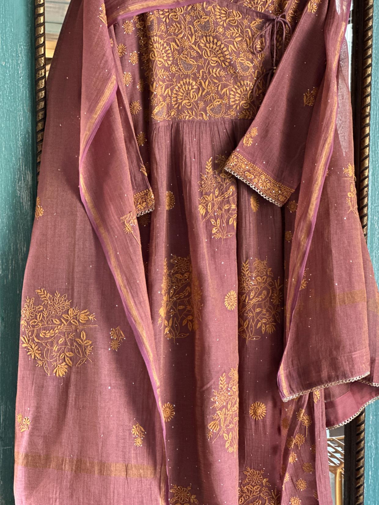 Onion Pink Tissue Silk Chikankari Angarkha