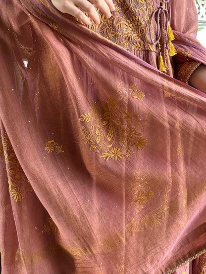 Onion Pink Tissue Silk Chikankari Angarkha