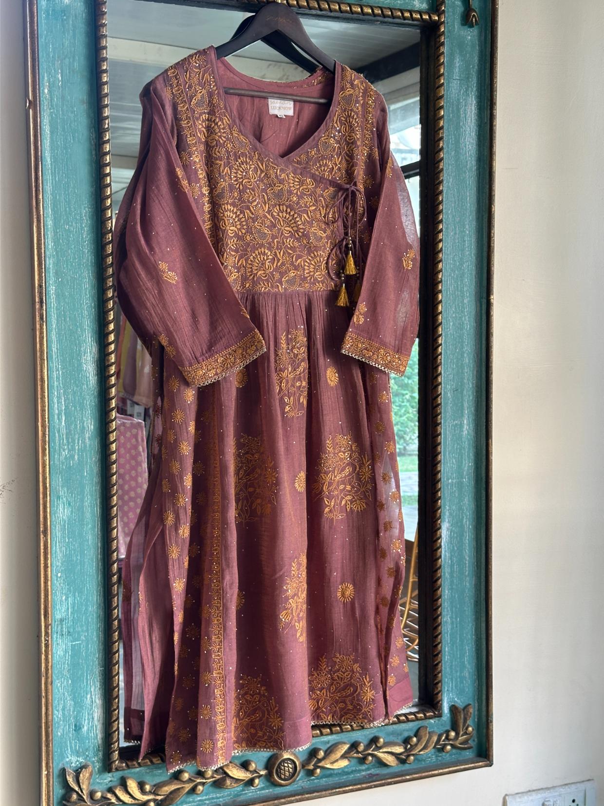 Onion Pink Tissue Silk Chikankari Angarkha