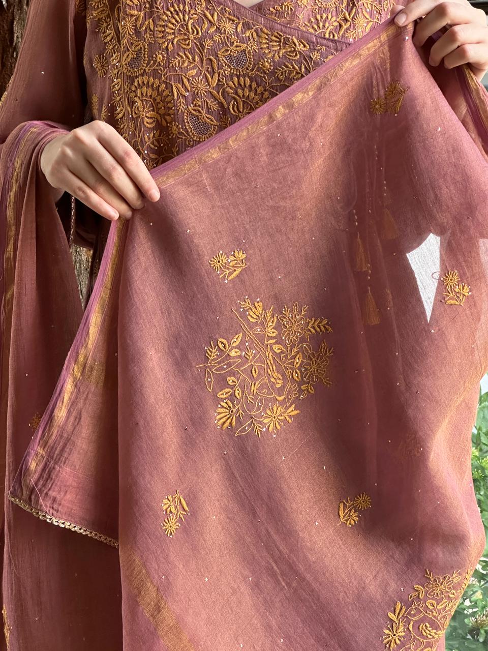 Onion Pink Tissue Silk Chikankari Angarkha