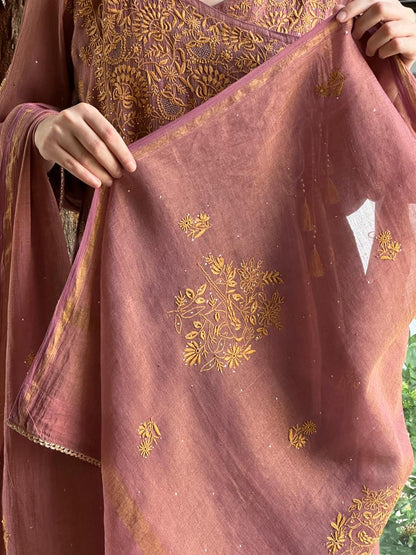 Onion Pink Tissue Silk Chikankari Angarkha