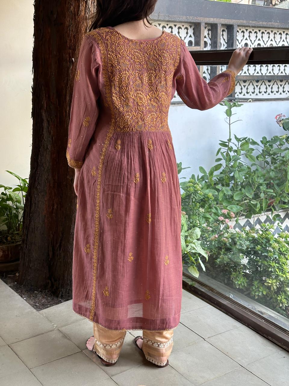 Onion Pink Tissue Silk Chikankari Angarkha