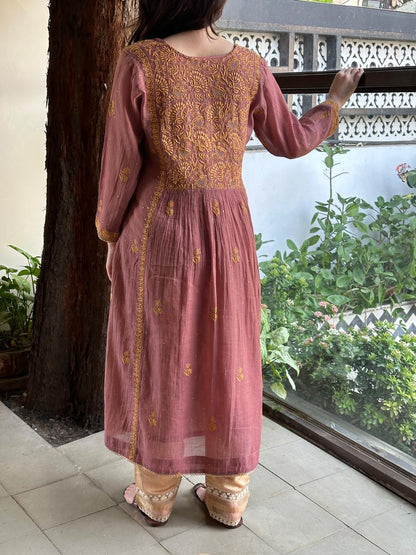 Onion Pink Tissue Silk Chikankari Angarkha