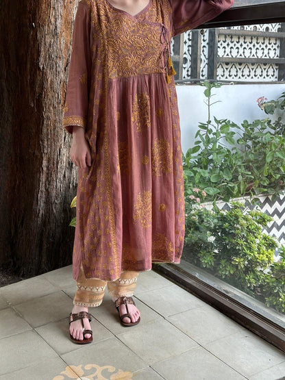 Onion Pink Tissue Silk Chikankari Angarkha