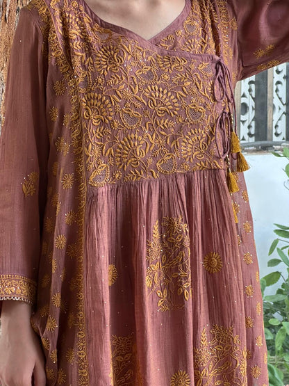 Onion Pink Tissue Silk Chikankari Angarkha