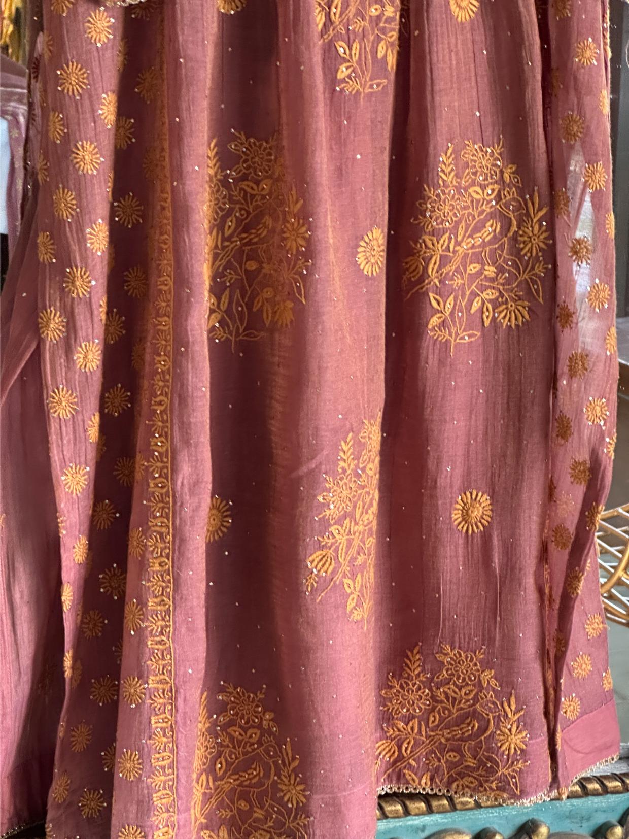 Onion Pink Tissue Silk Chikankari Angarkha