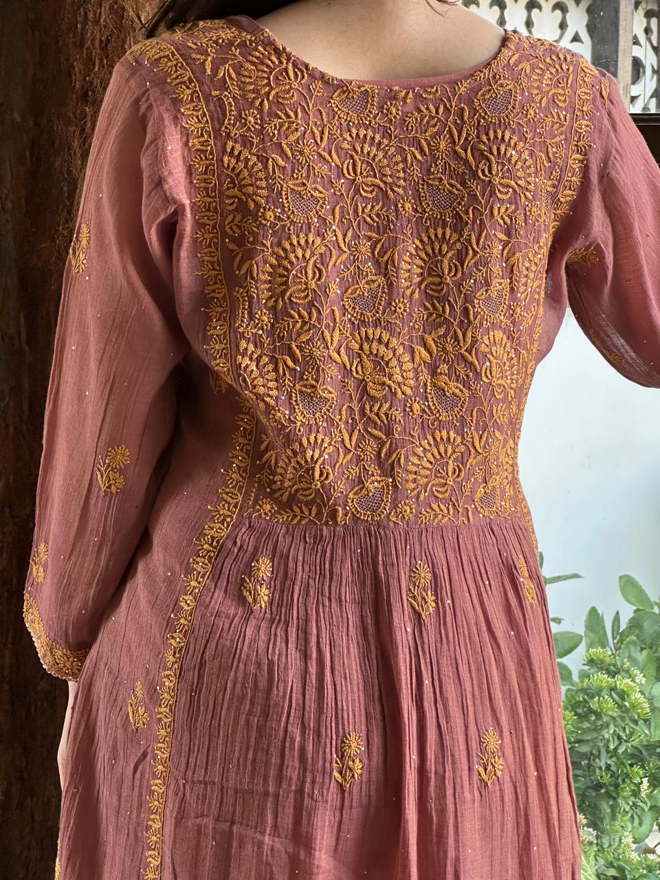 Onion Pink Tissue Silk Chikankari Angarkha