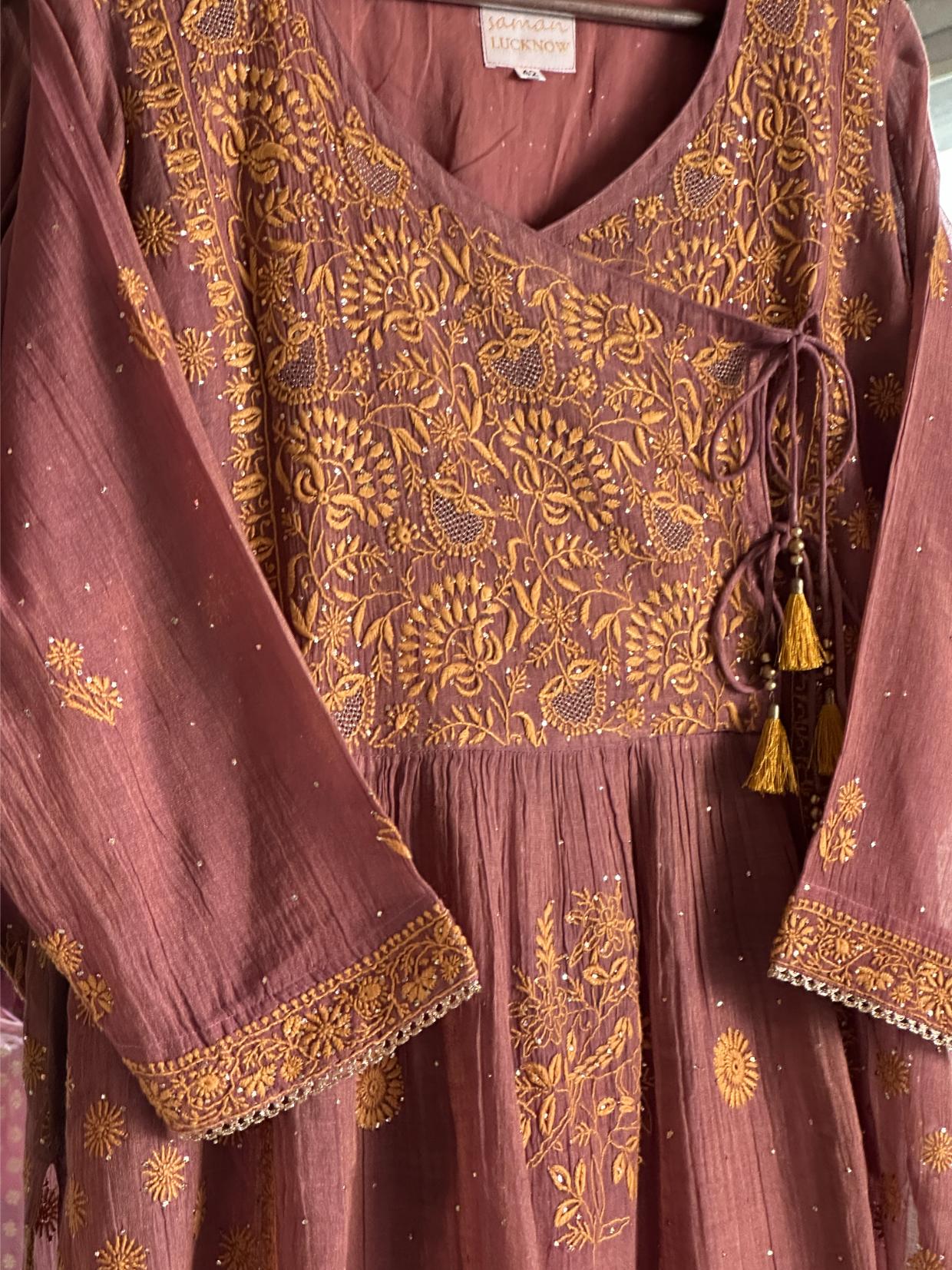 Onion Pink Tissue Silk Chikankari Angarkha