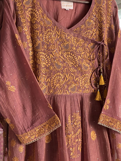 Onion Pink Tissue Silk Chikankari Angarkha